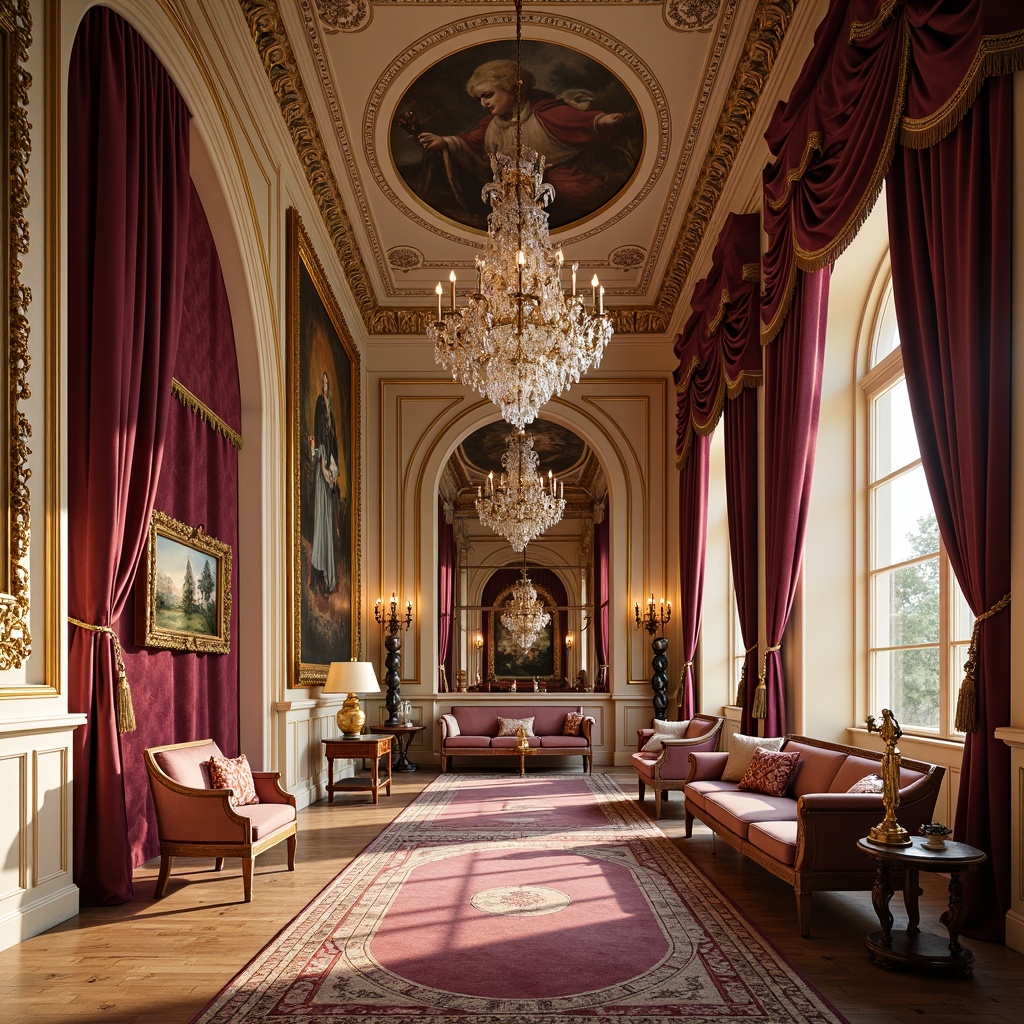 Prompt: Opulent Baroque interior, rich velvet drapes, ornate golden frames, lavish crystal chandeliers, intricate marble patterns, luxurious silk upholstery, warm beige walls, regal red accents, majestic purple hues, soft cream molding, ornamental fresco ceilings, dramatic arched windows, grandiose architectural details, warm golden lighting, shallow depth of field, 1/1 composition, realistic textures, ambient occlusion.