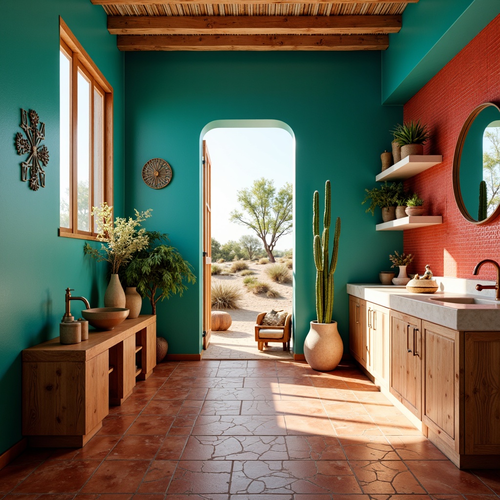 Prompt: Vibrant turquoise walls, earthy terracotta floors, warm beige countertops, rustic wooden cabinets, woven textiles, geometric patterns, bold red accents, natural stone sinks, copper fixtures, desert botanicals, cacti arrangements, sandy dunes backdrop, bright sunny day, soft warm lighting, shallow depth of field, 1/1 composition, realistic textures, ambient occlusion.