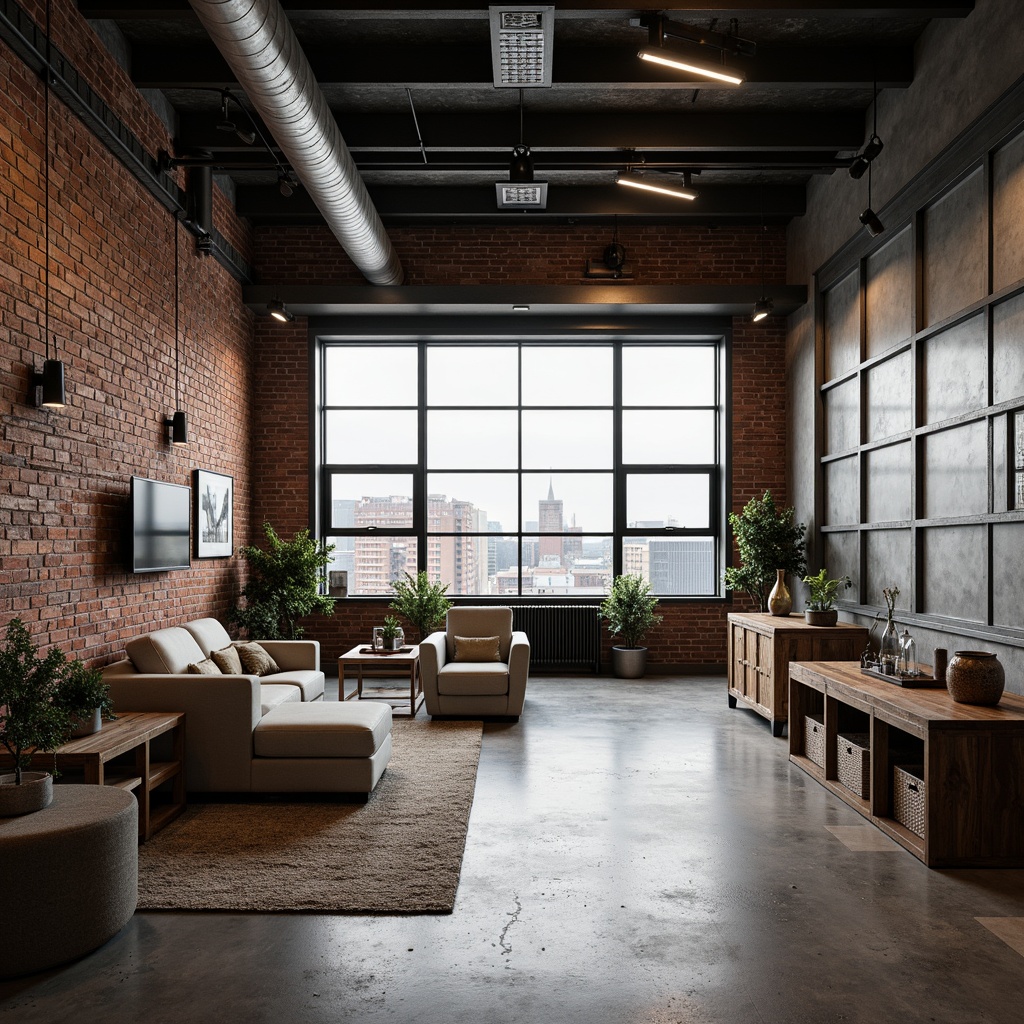 Prompt: Exposed brick walls, metal beams, industrial-style lighting fixtures, polished concrete floors, minimalist decor, functional furniture, geometric shapes, primary color schemes, urban loft atmosphere, natural textiles, reclaimed wood accents, distressed finishes, mechanical details, urban cityscape views, overcast skies, dramatic shadows, high contrast lighting, 1/1 composition, symmetrical framing, gritty realistic textures.