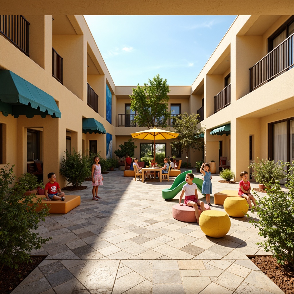 Prompt: Vibrant kindergarten playground, Mediterranean-style architecture, warm beige walls, bright blue accents, cheerful yellow furniture, soft green canopies, colorful ceramic tiles, playful mural paintings, natural wood textures, rustic stone floors, sunny courtyard, blooming flowers, gentle ocean breeze, warm afternoon light, shallow depth of field, 1/2 composition, inviting entrance, cozy reading nooks, whimsical decorative elements.