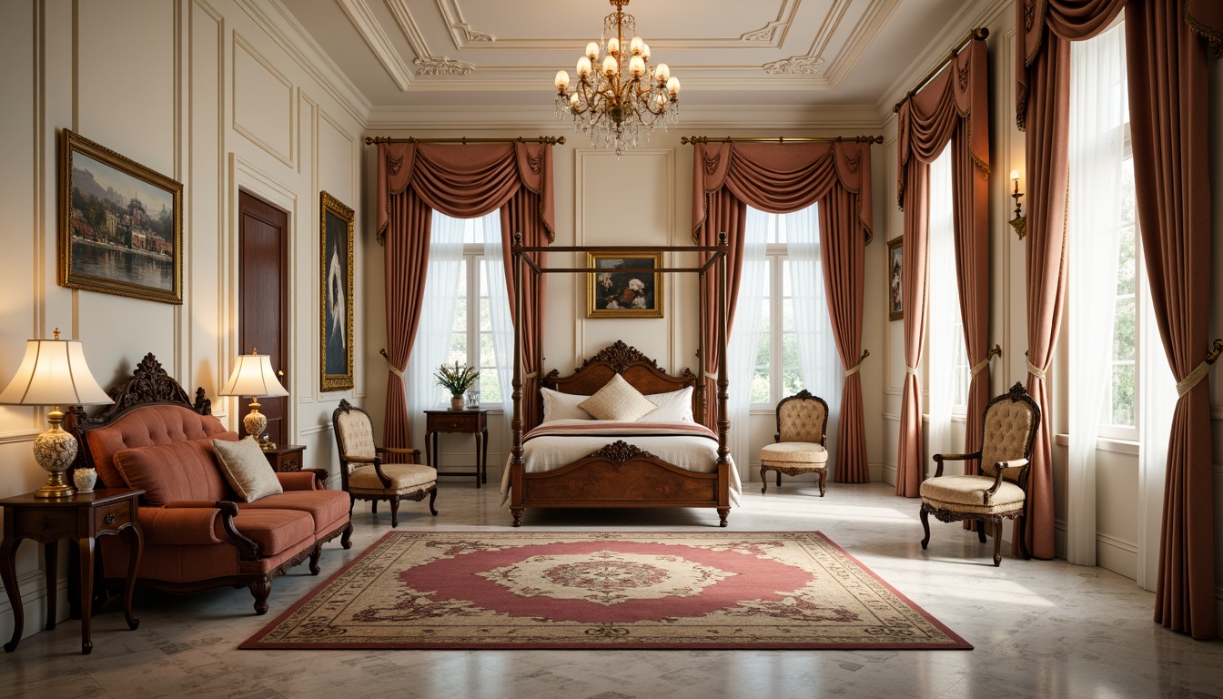 Prompt: Elegant neoclassical interior, rich velvet upholstery, carved wooden furniture, ornate gold accents, crystal chandeliers, marble flooring, subtle patterned rugs, cream-colored walls, tall floor-to-ceiling windows, delicate lace curtains, antique vases, refined metalwork, stately four-poster beds, luxurious silk fabrics, intricate moldings, soft warm lighting, shallow depth of field, 1/2 composition, realistic textures, ambient occlusion.