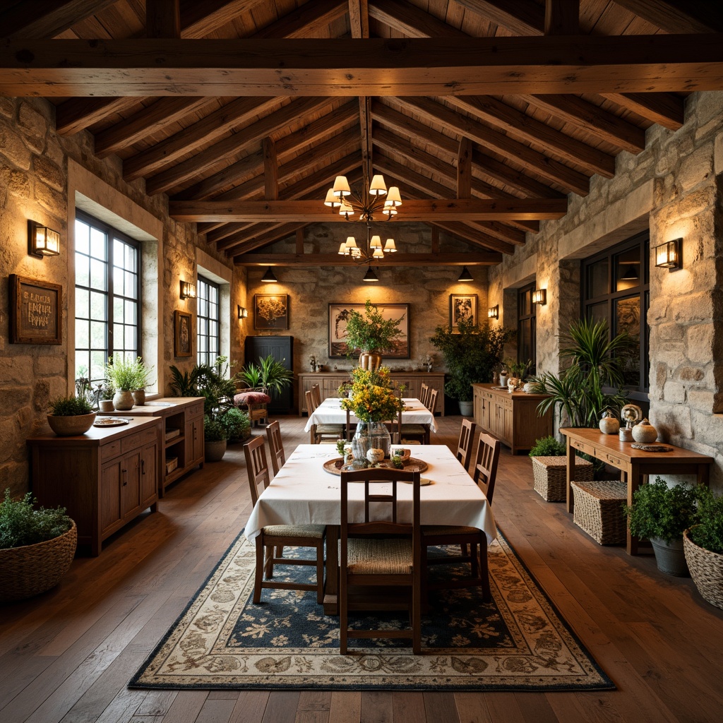 Prompt: Rustic dining room, wooden beams, stone walls, earthy color palette, natural textiles, woven baskets, vintage metal lanterns, distressed wood furniture, linen tablecloths, candlelight ambiance, warm cozy atmosphere, nature-inspired decor, potted plants, wooden signs, antique farm tools, soft warm lighting, shallow depth of field, 1/2 composition, realistic textures, ambient occlusion.