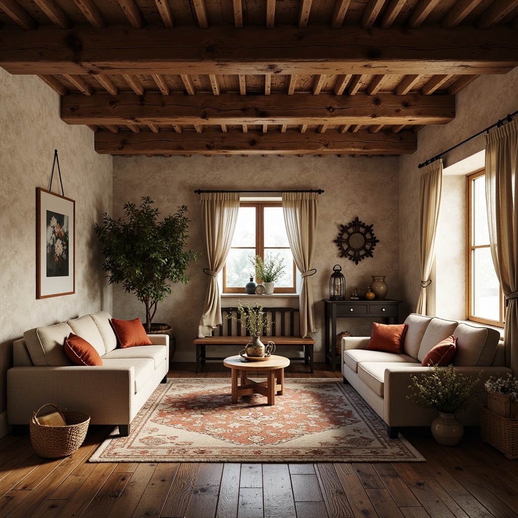 Prompt: Rustic farmhouse, exposed wooden beams, vintage metal decorations, distressed wood flooring, natural stone walls, earthy color palette, cozy atmosphere, plush area rugs, comfortable oversized furniture, soft warm lighting, decorative lanterns, floral patterns, traditional ceramics, woven baskets, natural textiles, organic shapes, 1/1 composition, shallow depth of field, realistic textures.