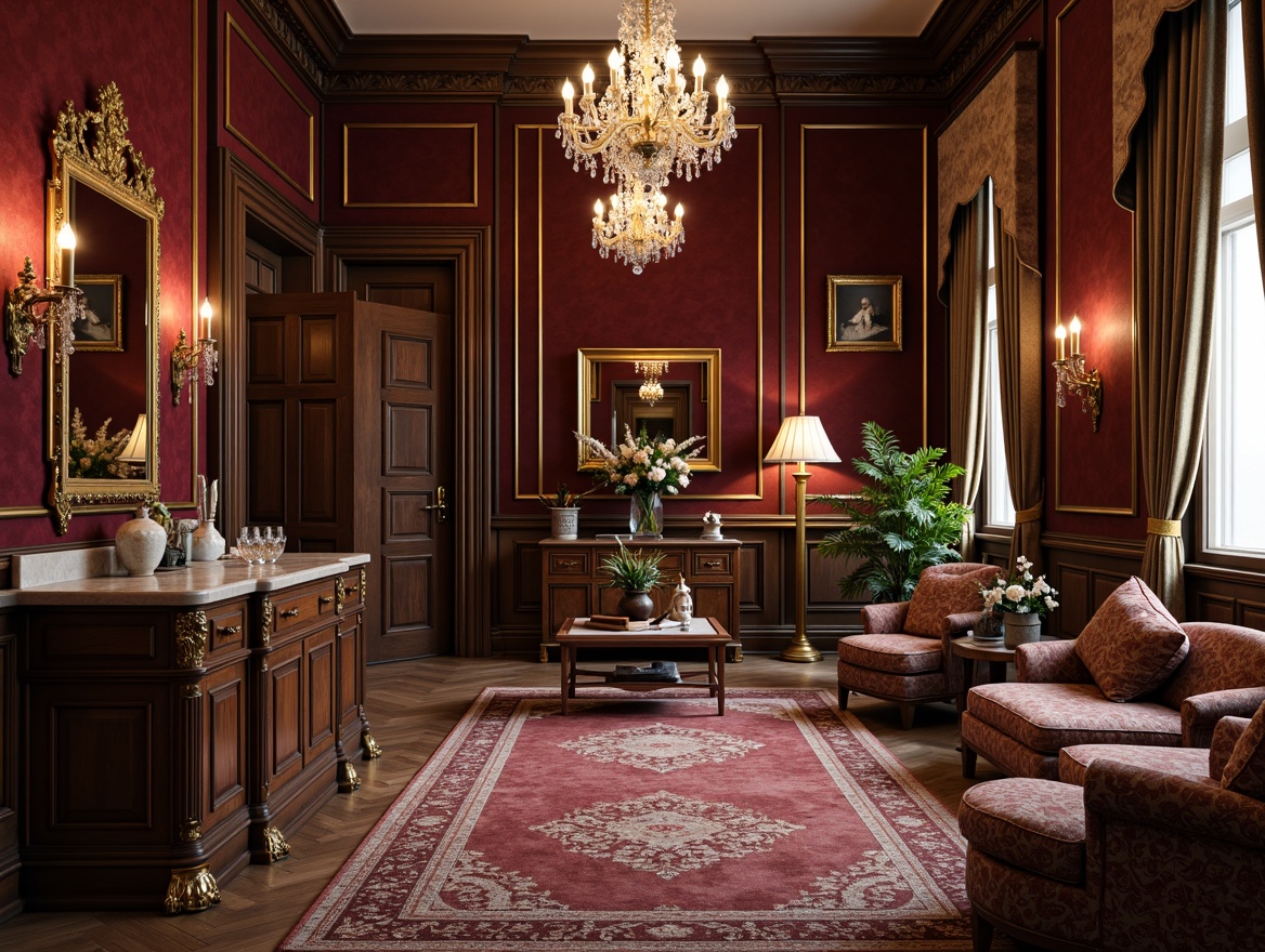 Prompt: Elegant neoclassical interior, rich velvet fabrics, ornate carved wooden furniture, gilded frames, crystal chandeliers, marble countertops, intricately patterned rugs, antique vases, ornamental mirrors, luxurious drapery, subtle warm lighting, shallow depth of field, 1/2 composition, realistic textures, ambient occlusion.