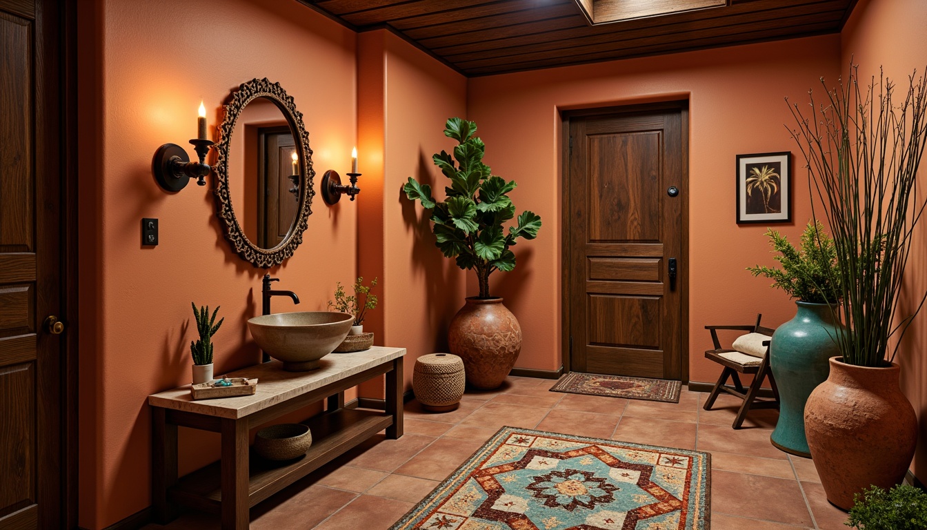 Prompt: Richly adorned powder room, warm terracotta hues, ornate wooden furniture, intricate tile patterns, vibrant turquoise accents, woven textiles, geometric shapes, rustic metal fixtures, earthy pottery vases, fragrant candlelight, soft ambient glow, shallow depth of field, 1/1 composition, warm natural lighting, inviting intimate space, Southwestern-inspired decorative accents.