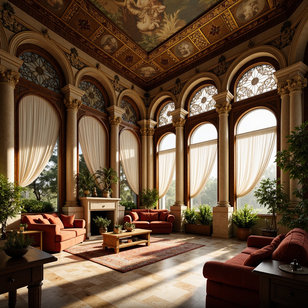 Prompt: Renaissance-style sunroom, ornate stone carvings, classical columns, arched windows, stained glass ceiling, intricate tile mosaics, warm golden lighting, lavish drapery, rich velvet fabrics, antique furniture pieces, decorative metalwork, gilded accents, carved wooden paneling, frescoed ceiling paintings, elegant chandeliers, soft natural light, 1/1 composition, shallow depth of field, realistic textures, ambient occlusion.