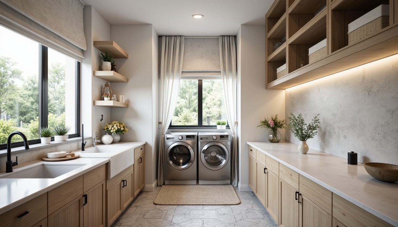 Prompt: Minimalist laundry room, sleek cabinetry, stainless steel appliances, quartz countertops, neutral color palette, soft LED lighting, rectangular sink basins, wall-mounted faucets, modern fixtures, geometric floor tiles, industrial-style shelving, natural stone accents, woven basket storage, linen-textured fabrics, pastel-colored curtains, subtle patterned rugs, calming ambient atmosphere, shallow depth of field, 1/1 composition, realistic textures.