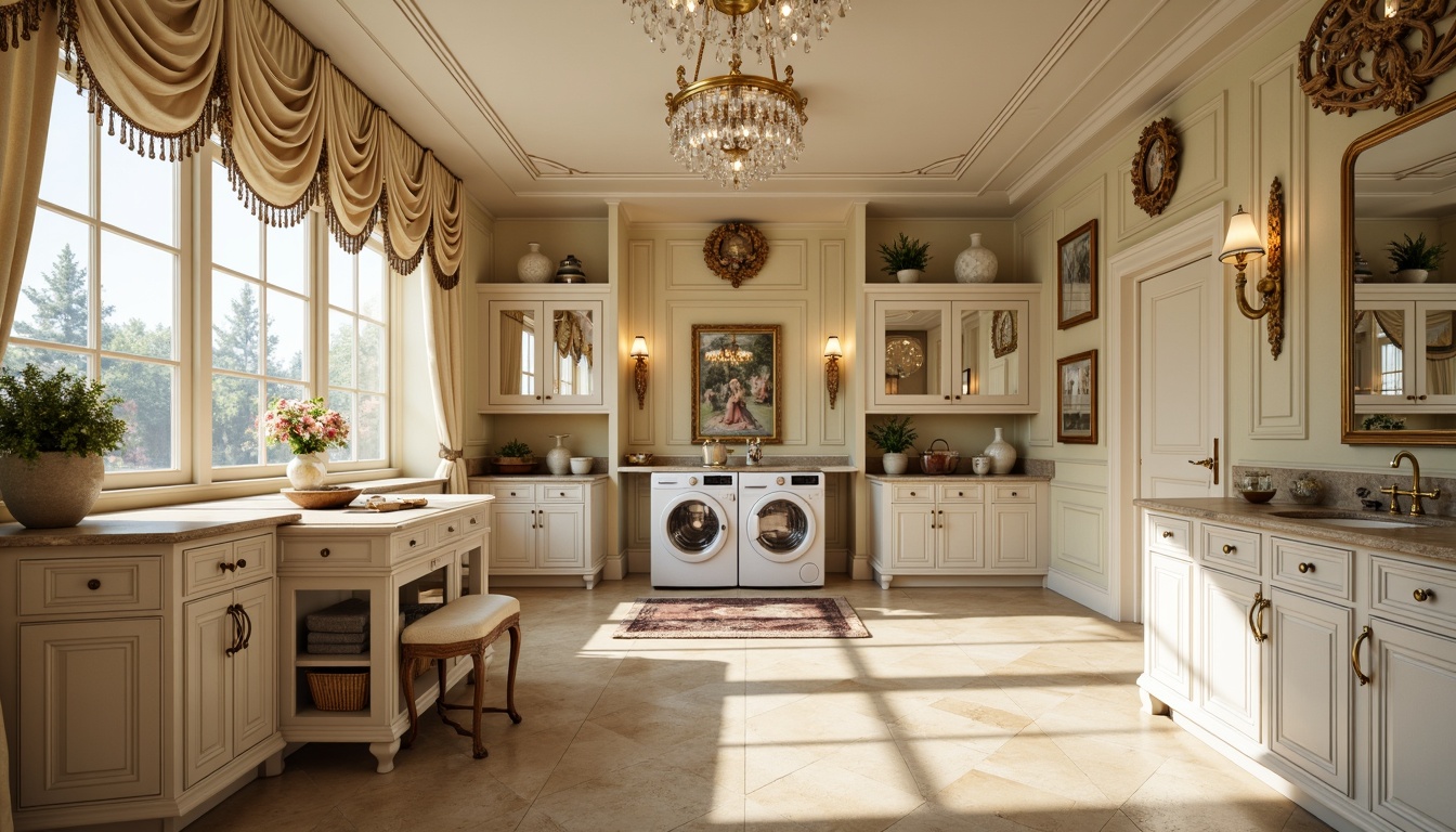 Prompt: Elegant laundry room, ornate golden fixtures, crystal chandeliers, soft warm glow, cream-colored walls, intricate moldings, lavish fabrics, ornamental mirrors, delicate porcelain accents, French-inspired furniture, distressed wood finishes, rustic metal hardware, natural stone countertops, pastel-hued cabinets, ornate ceiling medallions, sparkling crystal sconces, opulent drapery, lavish flower arrangements, warm beige flooring, subtle shadowing, 1/1 composition, realistic reflections.