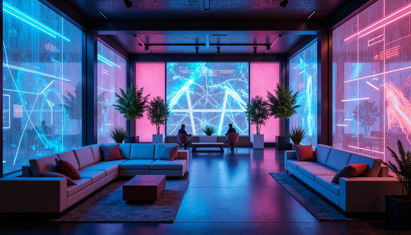 Prompt: Futuristic interior, neon-lit ambiance, metallic accents, glowing LED lights, holographic displays, translucent glass walls, minimalist furniture, sleek lines, ergonomic design, advanced smart home systems, virtual reality integration, eco-friendly recycled materials, sustainable textiles, iridescent color schemes, reflective surfaces, ambient lighting, shallow depth of field, 3/4 composition, panoramic view.