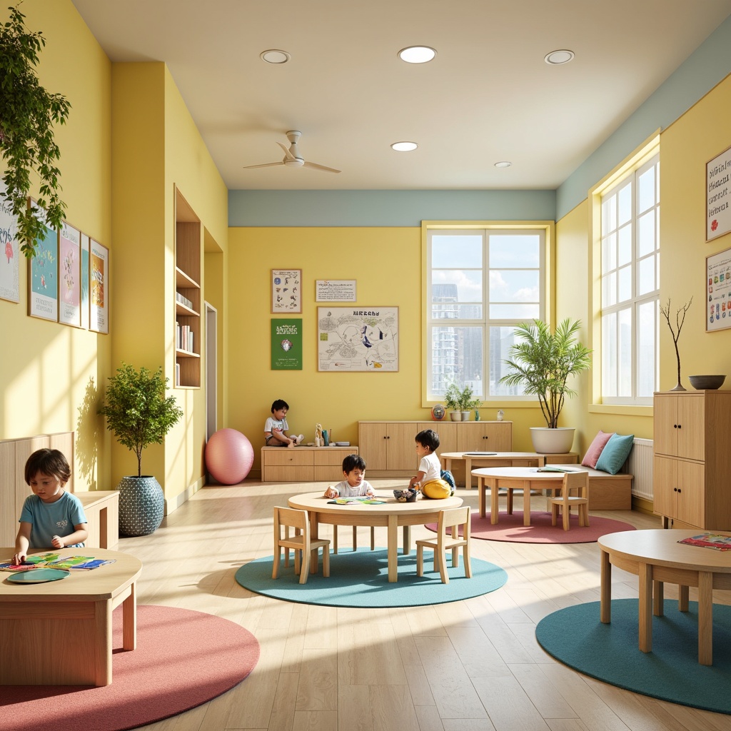 Prompt: Vibrant kindergarten interior, soft pastel colors, gentle yellow walls, soothing blue accents, creamy white furniture, natural wood textures, playful polka dots, whimsical illustrations, educational posters, cozy reading nooks, circular tables, tiny chairs, colorful rugs, warm lighting, shallow depth of field, 1/1 composition, intimate atmosphere, realistic textures, ambient occlusion.