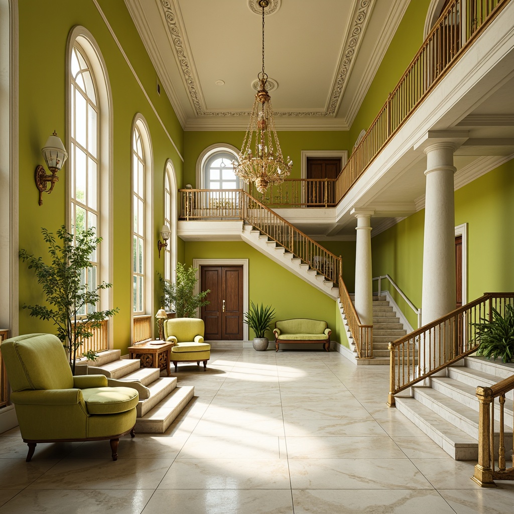 Prompt: Grand staircase, lime green walls, creamy white marble floors, ornate gold railings, intricate carvings, classic Roman columns, symmetrical archways, lavish chandeliers, soft warm lighting, shallow depth of field, 1/2 composition, realistic textures, ambient occlusion, luxurious velvet upholstery, subtle lime accents, elegant curves, sophisticated architectural details.