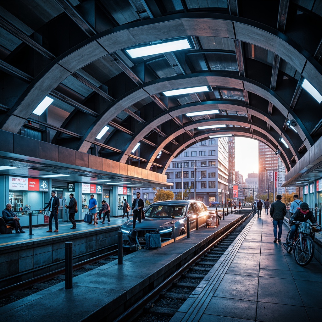 Prompt: Futuristic metro station, sleek modern architecture, curved lines, gleaming stainless steel, vibrant LED lights, dynamic color changing effects, geometric patterns, abstract shapes, urban cityscape, busy pedestrian traffic, rush hour atmosphere, soft warm glow, ambient lighting, 3/4 composition, shallow depth of field, panoramic view, realistic textures, innovative suspended fixtures, minimalist design, energy-efficient solutions, smart sensors, automated systems, futuristic aesthetic, cyberpunk vibe.