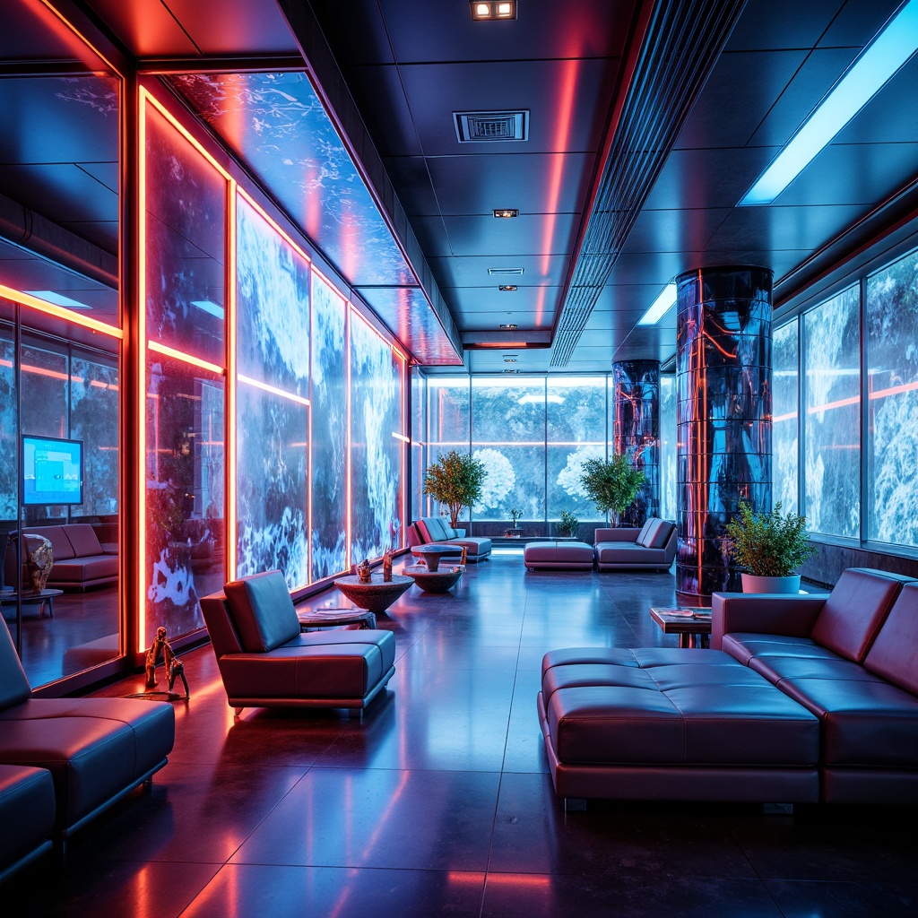 Prompt: Futuristic interior, neon-lit ambiance, glossy metallic surfaces, iridescent glass panels, holographic displays, LED lighting systems, sleek minimalist furniture, translucent acrylic walls, chrome-plated accents, high-tech gadgetry, virtual reality interfaces, ambient occlusion, shallow depth of field, 3/4 composition, panoramic view, realistic textures.