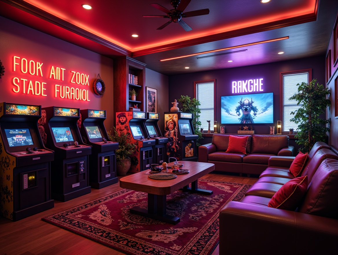 Prompt: Cozy game room, warm ambient lighting, comfortable couches, vibrant neon signs, retro arcade machines, nostalgic console systems, modern gaming PCs, high-performance monitors, immersive soundbars, futuristic VR headsets, dynamic LED strips, rich wood paneling, plush carpet flooring, statement art pieces, funky decorative accents, eclectic collectible figurines, dramatic spotlights, cinematic 3/4 composition, shallow depth of field.