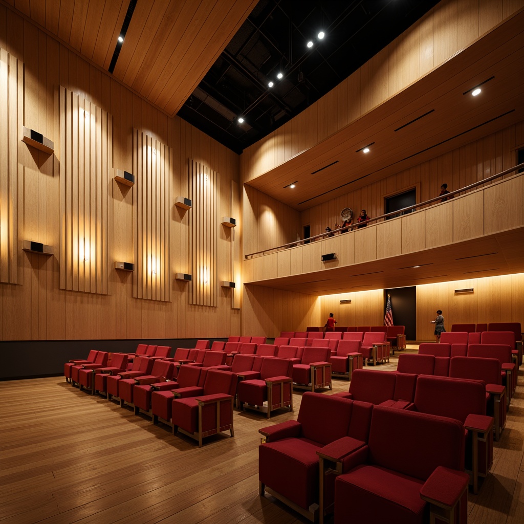 Prompt: Warm beige auditorium interior, mid-century modern architecture, wooden wall panels, sleek metal sconces, suspended ceiling lamps, warm white lighting, subtle ambient glow, dramatic stage spotlighting, rich wood tones, plush red velvet seats, curved lines, geometric patterns, minimalist decor, sophisticated ambiance, afternoon sunlight, soft shadows, 1/1 composition, realistic textures, subtle depth of field.