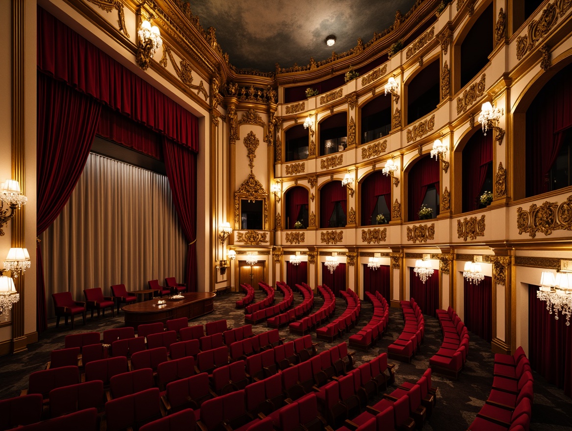 Prompt: Elegant theater interior, ornate gilded frames, soft velvet curtains, crystal chandeliers, intricate wooden carvings, plush red seats, golden balconies, Baroque-style moldings, rustic stone walls, warm candle lighting, dramatic spotlights, 1/1 composition, shallow depth of field, realistic textures, ambient occlusion.