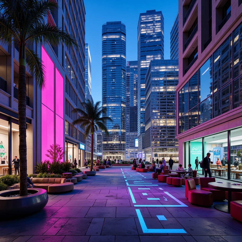 Prompt: Neon-lit cityscape, futuristic skyscrapers, iridescent hues, electric blue accents, hot pink neon lights, metallic silver surfaces, sleek glass towers, holographic advertisements, retro-futuristic decor, cyberpunk vibes, vibrant purple tones, luminescent green glow, abstract geometric patterns, 3D holographic projections, virtual reality interfaces, augmented reality experiences, futuristic transportation systems, high-tech gadgetry, glowing circuit boards, robotic machinery, space-age inspired furniture, avant-garde sculptures, dynamic lighting effects, shallow depth of field, panoramic view.