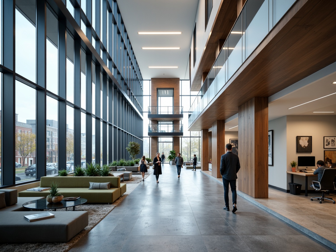 Prompt: Modern office building, sleek glass facade, minimalist interior design, open floor plan, collaborative workspaces, modular furniture, ergonomic chairs, natural stone flooring, ample daylighting, soft warm lighting, shallow depth of field, 3/4 composition, panoramic view, realistic textures, ambient occlusion.