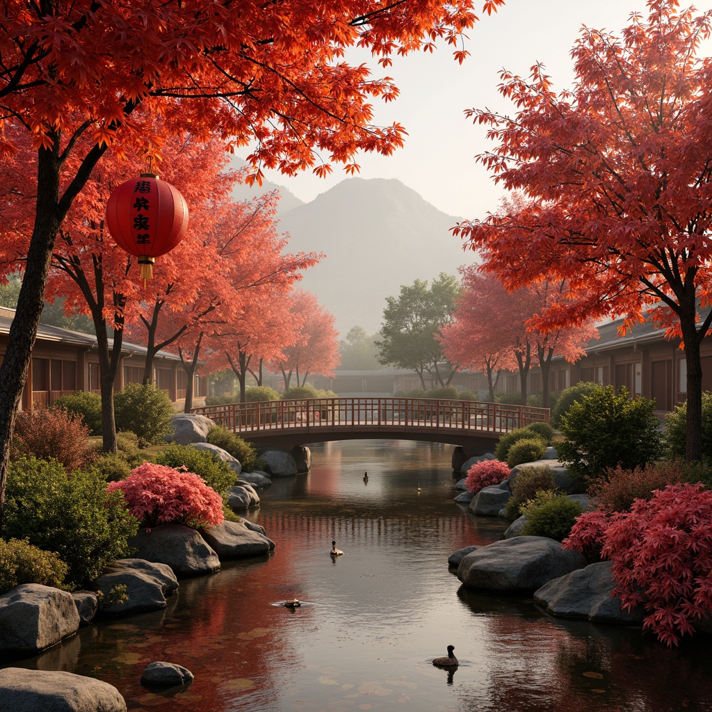 Prompt: Vibrant red lanterns, delicate cherry blossoms, soft silk fabrics, warm golden hues, subtle jade accents, intricate kanji patterns, natural bamboo textures, serene Japanese gardens, tranquil koi ponds, rustic wooden bridges, misty mountainside scenery, gentle rice paper filters, 1/1 composition, softbox lighting, ambient occlusion.