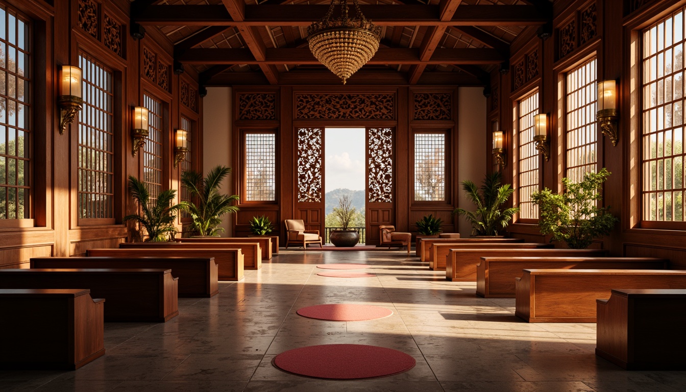 Prompt: Traditional Asian-style church, intricately carved wooden doors, ornate lanterns, warm golden lighting, soft glowing candles, stained glass windows, vibrant red accents, elaborate chandeliers, natural stone flooring, subtle ambient occlusion, serene atmosphere, peaceful ambiance, gentle warm tones, 1/1 composition, realistic textures, detailed architectural elements.