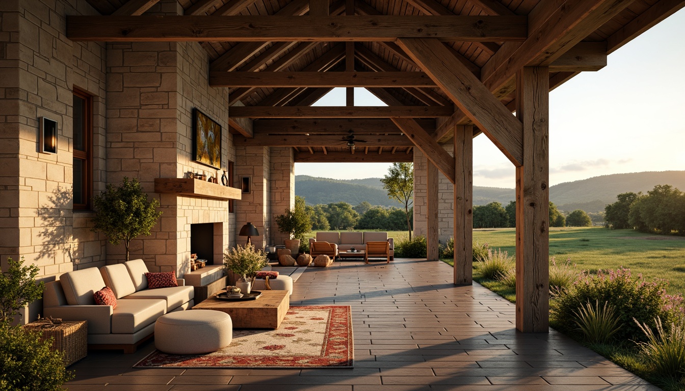 Prompt: Rustic farmhouse, reclaimed wood accents, vintage metal decor, earthy color palette, natural stone walls, wooden beams, exposed brick, distressed finishes, cozy fireplaces, plush furnishings, lush greenery, rolling hills, rural landscape, warm sunny day, soft golden lighting, shallow depth of field, 1/1 composition, realistic textures, ambient occlusion.