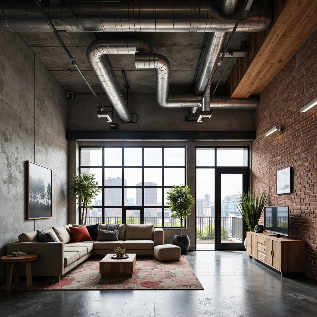 Prompt: Exposed ductwork, raw concrete walls, industrial metal beams, reclaimed wood accents, minimalist decor, abundant natural light, open floor plan, modern brutalist architecture, urban cityscape views, steel windows, polished concrete floors, bold color blocking, eclectic art pieces, modern furniture with clean lines, industrial-style lighting fixtures, 1/1 composition, high-contrast photography, dramatic shadows, atmospheric mist.