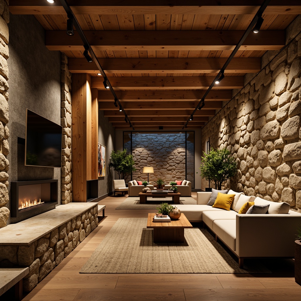 Prompt: Cozy basement, warm ambiance, rustic wood accents, natural stone walls, earthy tones, textured concrete finishes, industrial-chic metal beams, modern minimalist decor, ambient soft lighting, 1/1 composition, shallow depth of field, realistic renderings.