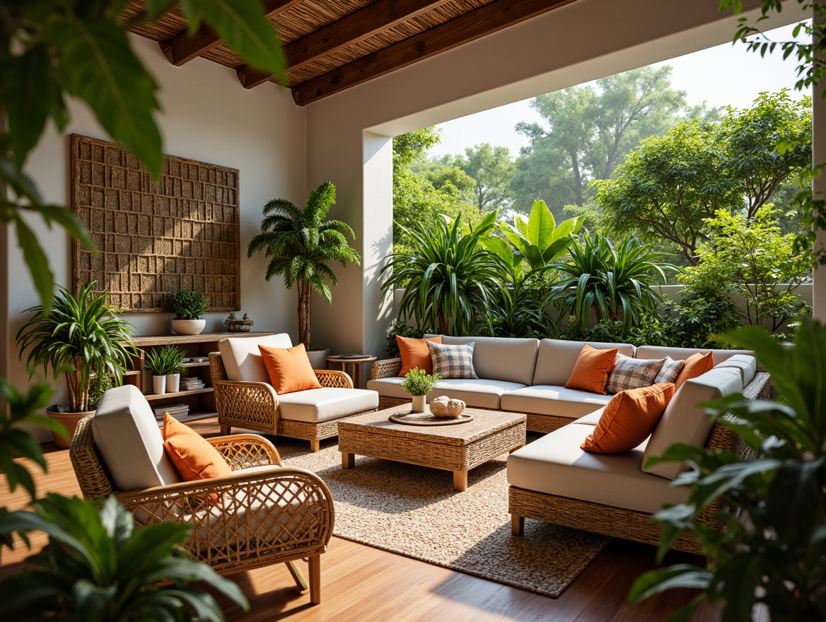 Prompt: Tropical family room, lush greenery, wicker furniture, rattan coffee table, plush sectional sofa, vibrant colorful throw pillows, natural fiber rug, reclaimed wood shelves, woven bamboo wall decor, exotic plant arrangements, warm sunny day, soft diffused lighting, shallow depth of field, 3/4 composition, cozy corner reading nook, comfortable oversized armchairs, refreshing ocean breeze, beach-inspired accents, coral-colored vases, seashell decorations.