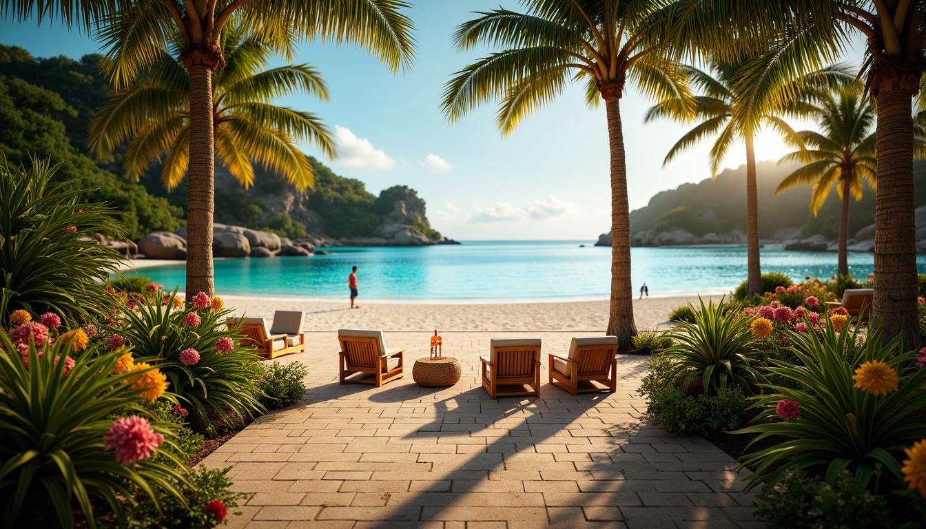 Prompt: Warm ambient lighting, lush greenery, exotic flowers, palm trees, wicker furniture, colorful tiki torches, soft ocean breeze, gentle water sounds, serene tropical beach, golden sandy dunes, crystal clear turquoise water, vibrant coral reefs, sunny day, warm cozy atmosphere, shallow depth of field, 1/2 composition, realistic textures, ambient occlusion.