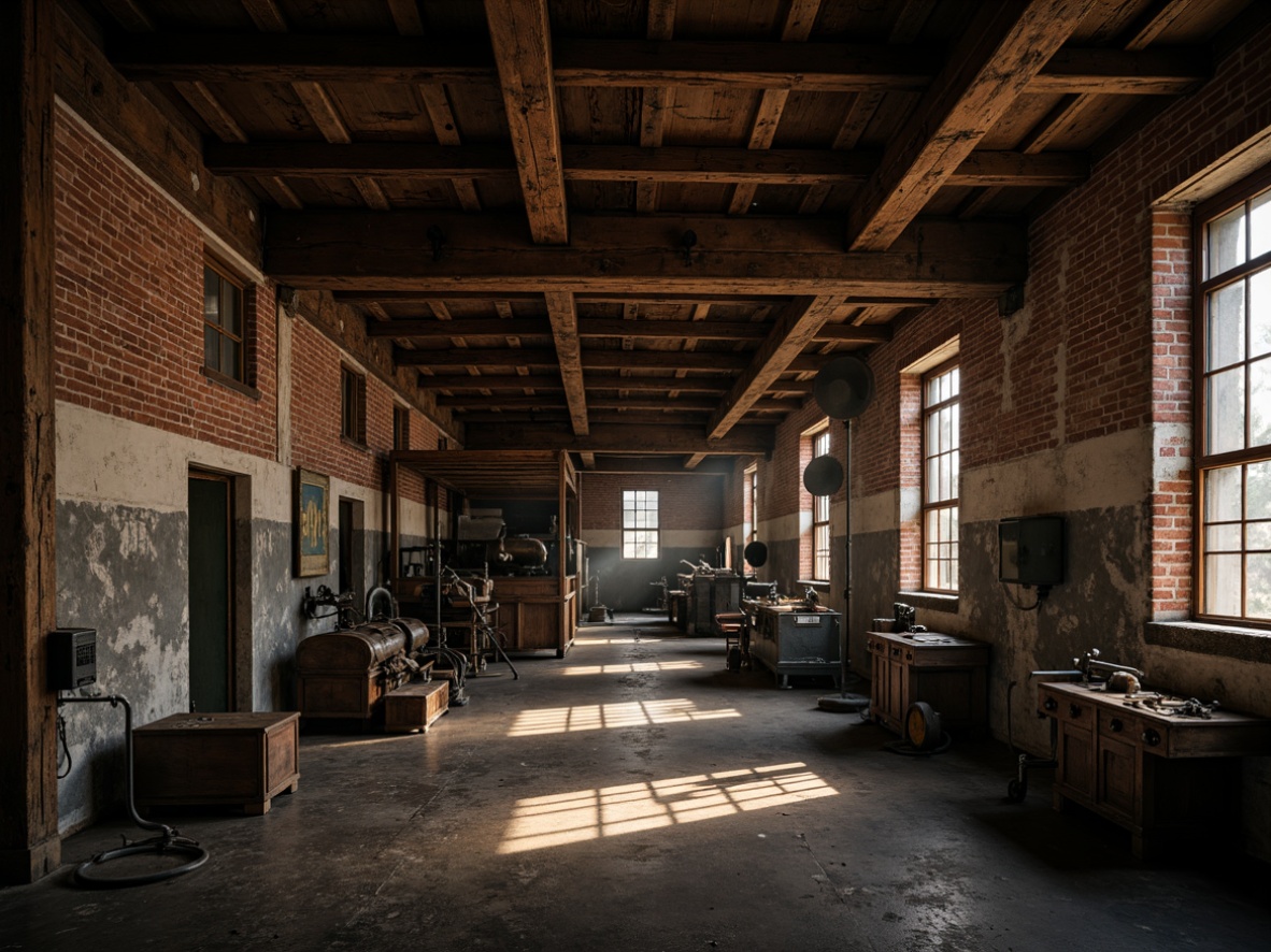 Prompt: Rustic abandoned factory, distressed brick walls, peeling paint, worn wooden beams, old machinery parts, vintage industrial equipment, dimly lit interiors, dramatic shadows, warm softbox lighting, 1/1 composition, realistic atmospheric effects, detailed textures, ambient occlusion.