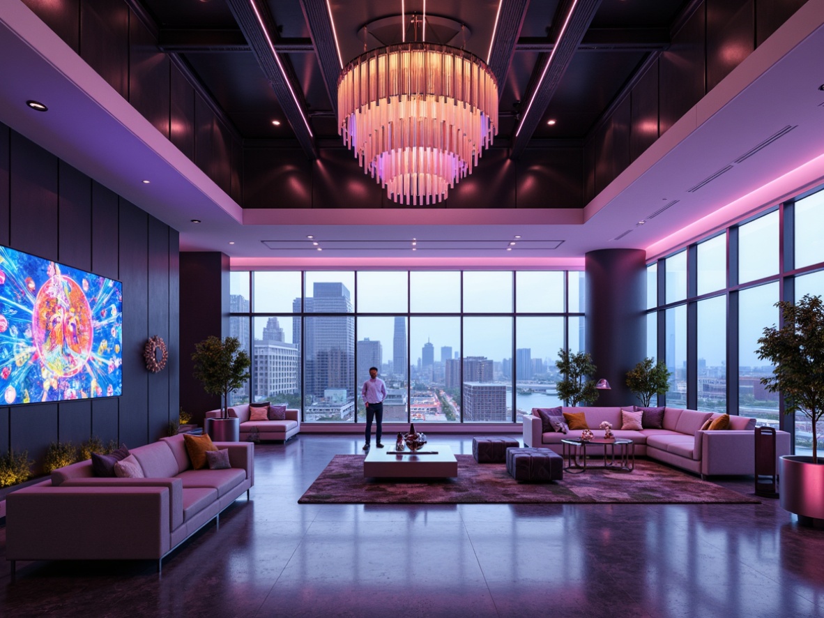 Prompt: Vast open space, high ceilings, minimalist decor, sleek metal accents, futuristic chandeliers, ambient LED lighting, polished marble floors, floor-to-ceiling windows, panoramic city views, modern abstract art pieces, low-profile furniture, plush area rugs, vibrant neon color schemes, dynamic geometric patterns, holographic displays, virtual reality interfaces, automated smart home systems, advanced climate control technologies, soft diffused natural light, 1/1 composition, shallow depth of field, realistic reflections.