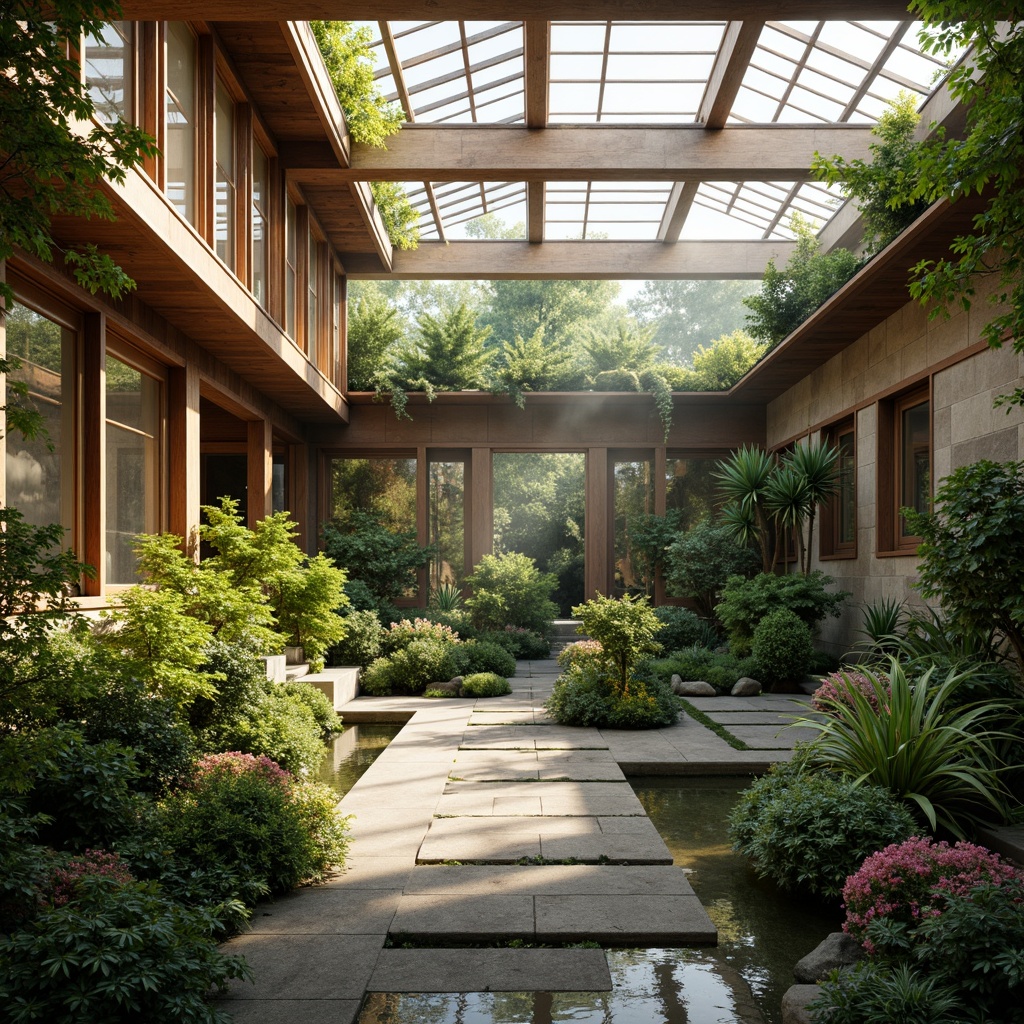 Prompt: Serene Asian-style greenhouse, lush greenery, exotic plants, natural stone walls, wooden accents, sliding glass doors, clerestory windows, skylights, soft warm lighting, diffused sunlight, misty atmosphere, delicate water features, subtle Japanese-inspired ornaments, intricate wood carvings, earthy tone color palette, organic textures, shallow depth of field, 1/1 composition, realistic reflections, ambient occlusion.