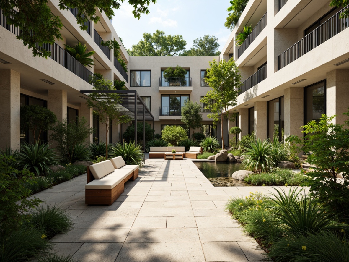 Prompt: Airy courtyard, lush greenery, tropical plants, natural stone flooring, wooden benches, steel pergolas, flowing water features, modern minimalist architecture, large glass windows, sliding doors, warm sunny day, soft diffused lighting, shallow depth of field, 3/4 composition, panoramic view, realistic textures, ambient occlusion.