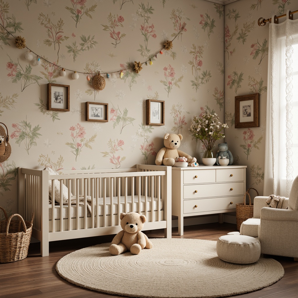 Prompt: Whimsical nursery, soft pastel colors, rustic wooden accents, distressed finishes, vintage decorative items, floral patterned wallpaper, textured stucco walls, warm beige tones, natural woven baskets, plush area rugs, cozy reading nooks, oversized stuffed animals, creamy white furniture, delicate lace curtains, gentle warm lighting, shallow depth of field, 1/1 composition, intimate close-up shots, soft focus, romantic ambiance.