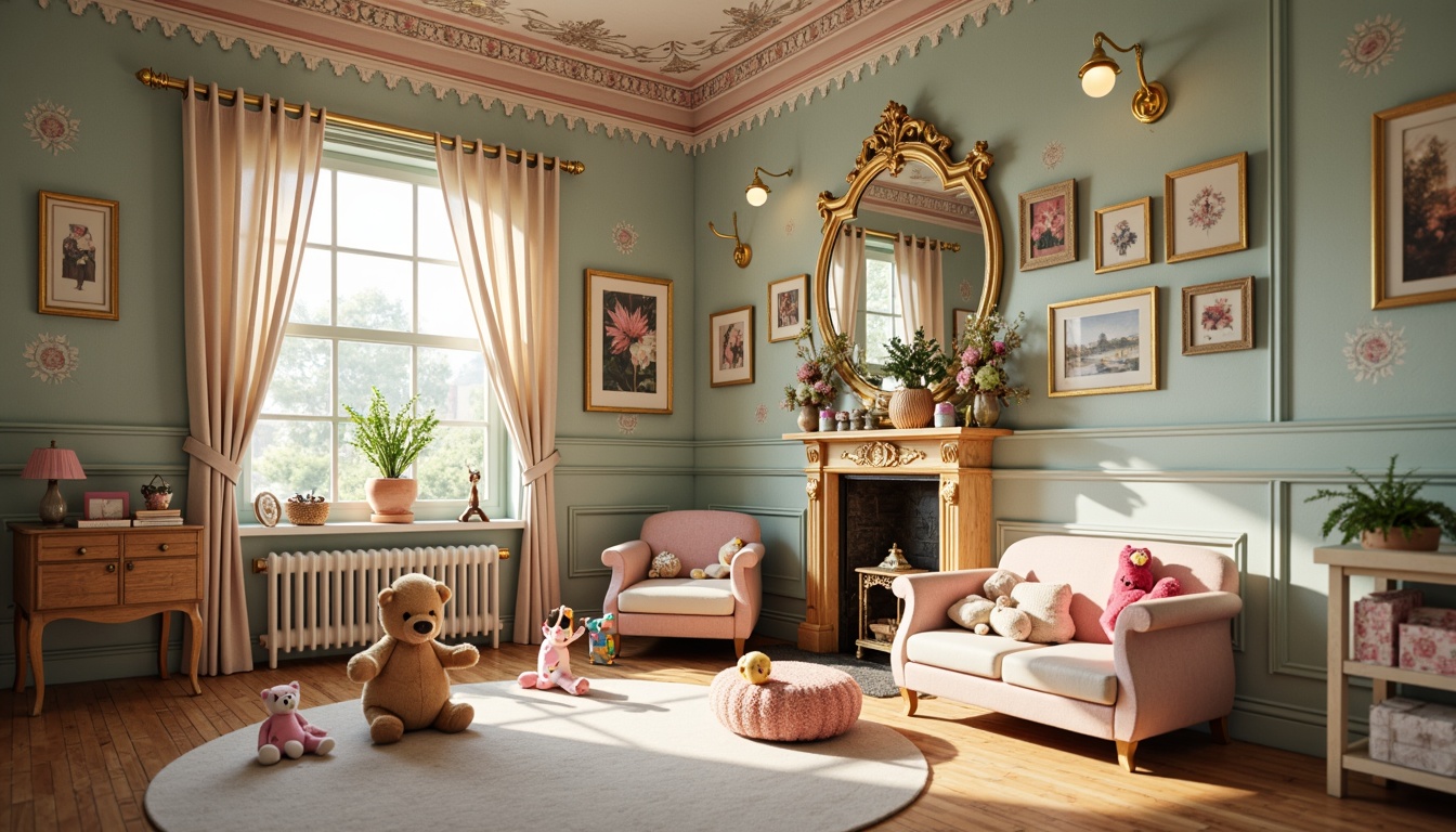 Prompt: Whimsical kids' room, Victorian-era inspired decor, soft pastel colors, floral patterns, intricate moldings, ornate furniture, plush toys, vintage-style wallpaper, distressed wooden walls, warm golden lighting, shallow depth of field, 1/2 composition, cozy atmosphere, playful textures, richly detailed accessories.