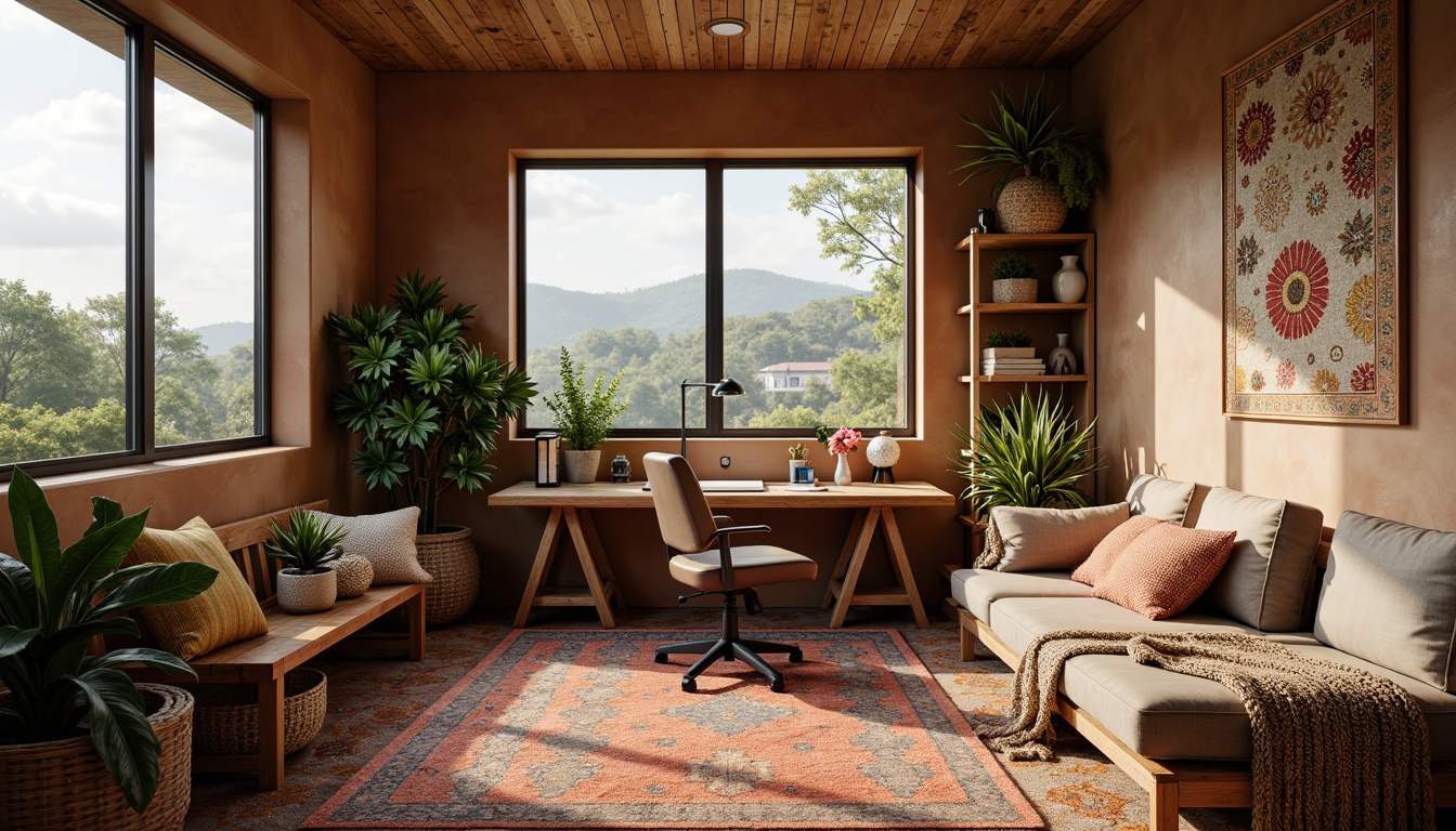 Prompt: Cozy home office, wooden desk, comfortable ergonomic chair, vibrant colored rug, natural fiber textiles, woven basket storage, geometric patterned throw pillows, rustic wood accents, earthy tone walls, large window, soft diffused lighting, shallow depth of field, 1/1 composition, panoramic view, realistic textures, ambient occlusion.