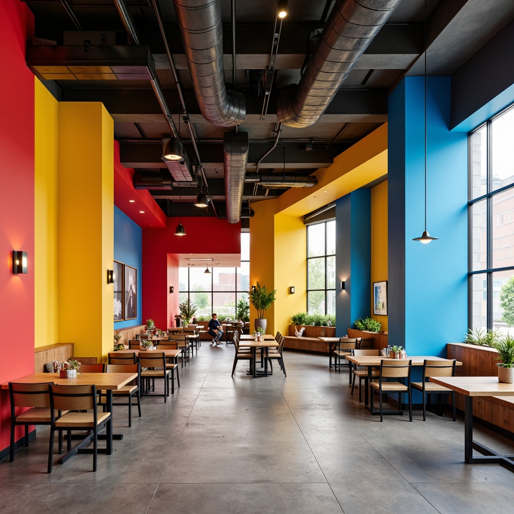 Prompt: Vibrant dining hall, geometric shapes, bold color palette, primary red, yellow, blue accents, industrial materials, exposed ductwork, concrete floors, wooden tables, steel chairs, minimalist decor, functional lighting, modernist architecture, clean lines, rectangular forms, open spaces, communal seating, natural light, warm atmosphere, soft shadows, 1/1 composition, realistic textures, ambient occlusion.