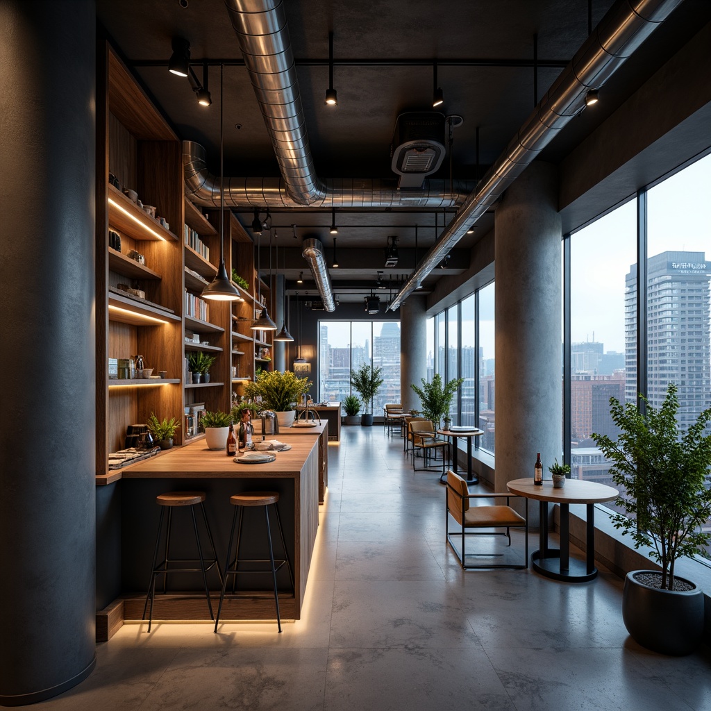 Prompt: Sleek modern interior, polished chrome lighting fixtures, minimalist pendant lamps, industrial-chic exposed ductwork, urban loft atmosphere, reclaimed wood accents, monochromatic color scheme, floor-to-ceiling windows, cityscape views, LED strip lighting, ambient warm glow, 1/1 composition, shallow depth of field, realistic reflections, softbox lighting.