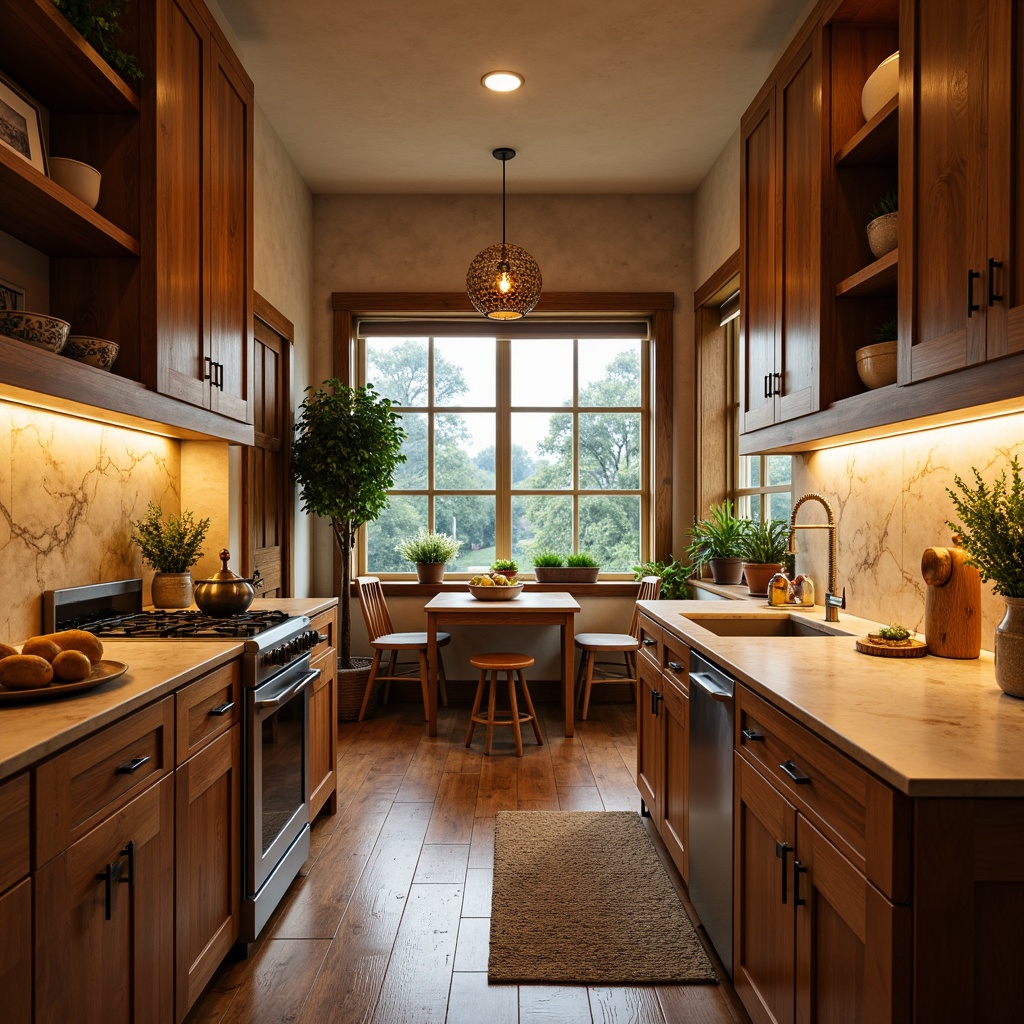 Prompt: Warm kitchen ambiance, earthy tones, wooden cabinets, cream-colored countertops, soft golden lighting, rustic metal hardware, natural stone backsplash, warm beige walls, rich brown flooring, vibrant greenery, potted plants, cozy breakfast nook, comfortable seating area, eclectic decorative accessories, mixed metallic accents, subtle texture contrasts, 1/1 composition, intimate atmosphere, warm color harmony.