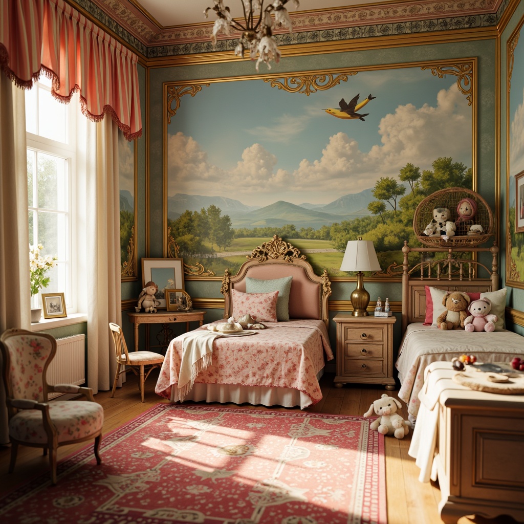 Prompt: Whimsical children's bedroom, ornate Victorian furniture, richly patterned rugs, bold bright colors, playful polka dots, cheerful stripes, soft pastel hues, creamy whites, warm golden lighting, plush toys, stuffed animals, vintage dolls, distressed wood accents, lace curtains, floral wallpapers, antique decorative frames, intricate moldings, cozy reading nooks, oversized pillows, fantastical murals, dreamy clouds, sunny afternoons, shallow depth of field, 1/1 composition, realistic textures, ambient occlusion.