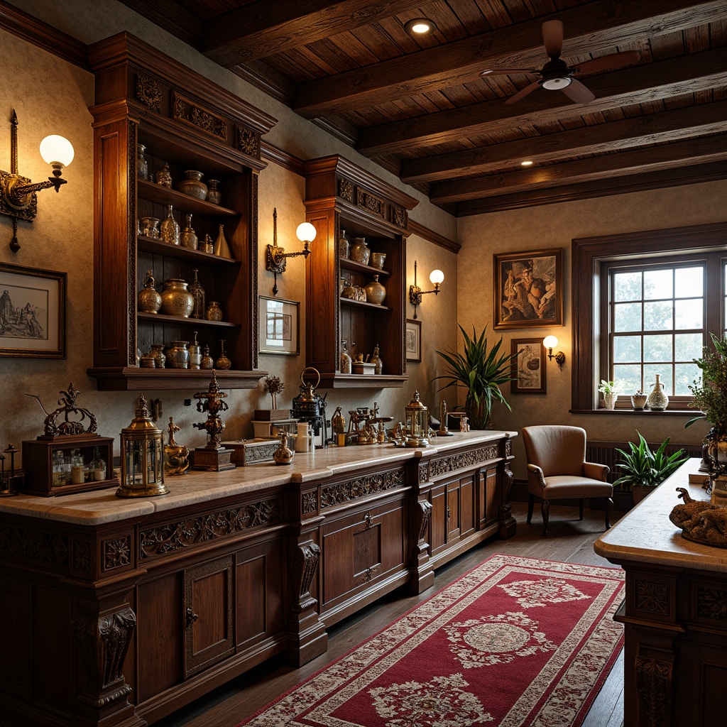 Prompt: Renaissance-style laboratory interior, ornate wooden furniture, intricately carved decorations, luxurious velvet fabrics, antique bronze hardware, distressed leather upholstery, vintage scientific instruments, eclectic artwork displays, richly polished marble countertops, ornamental metal lanterns, warm golden lighting, shallow depth of field, 1/1 composition, realistic textures, ambient occlusion.