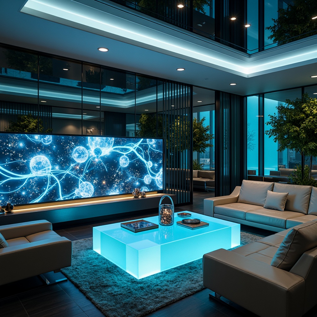 Prompt: Futuristic living room, sleek metallic furniture, holographic displays, glowing neon lights, translucent glass tables, curved lines, minimalist decor, eco-friendly materials, sustainable energy solutions, virtual reality interfaces, augmented reality experiences, 3D-printed decorative accents, iridescent color schemes, high-tech gadgetry, ambient lighting, shallow depth of field, 1/2 composition, realistic reflections, soft focus blur.