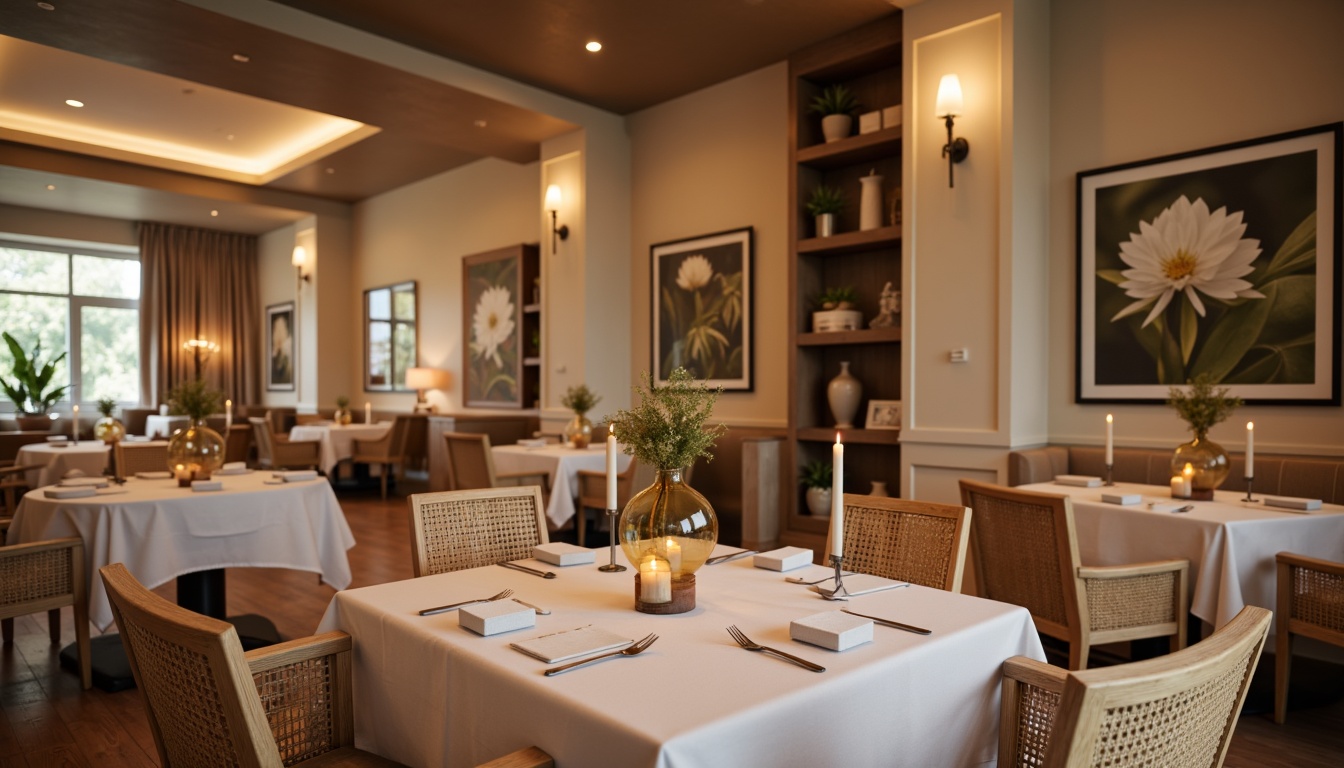 Prompt: Cozy dining area, plush velvet fabrics, soft pastel colors, gentle sheen, comfortable seating, ergonomic chair design, warm beige tones, natural wood accents, ambient lighting, tablecloths with subtle patterns, woven rattan chairs, elegant linen textures, calming atmosphere, intimate gathering space, relaxed ambiance, warm candlelight, shallow depth of field, 1/1 composition, realistic rendering.