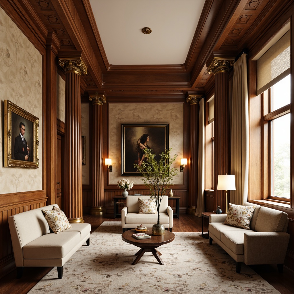 Prompt: Rich wooden paneling, elegant wainscoting, classic crown molding, sophisticated wallpaper patterns, subtle texture contrasts, warm beige tones, soft cream accents, traditional framed artwork, ornate gold leaf details, stately columns, luxurious fabrics, plush area rugs, comfortable seating nooks, task-oriented desk lamps, indirect natural light, 1/2 composition, atmospheric perspective, realistic wood grain textures.