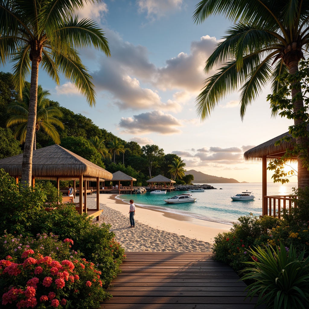 Prompt: Vibrant tropical flowers, lush greenery, exotic palm trees, warm sandy beaches, turquoise ocean views, rustic wooden docks, colorful coral reefs, dramatic sunsets, soft warm lighting, shallow depth of field, 1/1 composition, intimate close-ups, realistic textures, ambient occlusion, beachside huts, thatched roofs, natural wood accents, woven rattan furniture, vibrant colorful textiles, intricate tribal patterns.