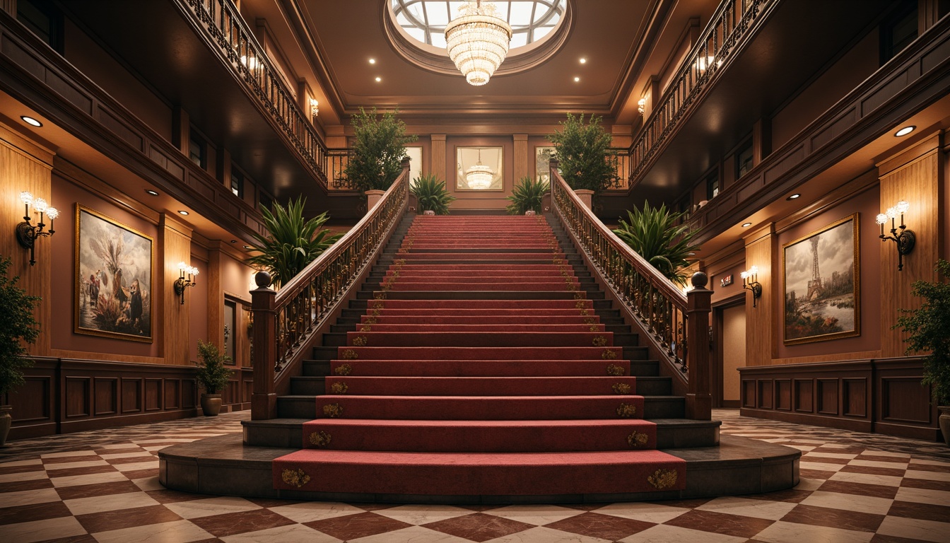 Prompt: Grand staircase, ornate balustrades, polished marble steps, intricately carved wooden railings, elegant curves, symmetrical composition, refined classicism style, luxurious velvet carpeting, crystal chandeliers, soft warm lighting, shallow depth of field, 2/3 composition, subtle texture overlays, atmospheric mist effect, majestic high ceilings, decorative moldings, richly textured walls, subtle shadow accents.