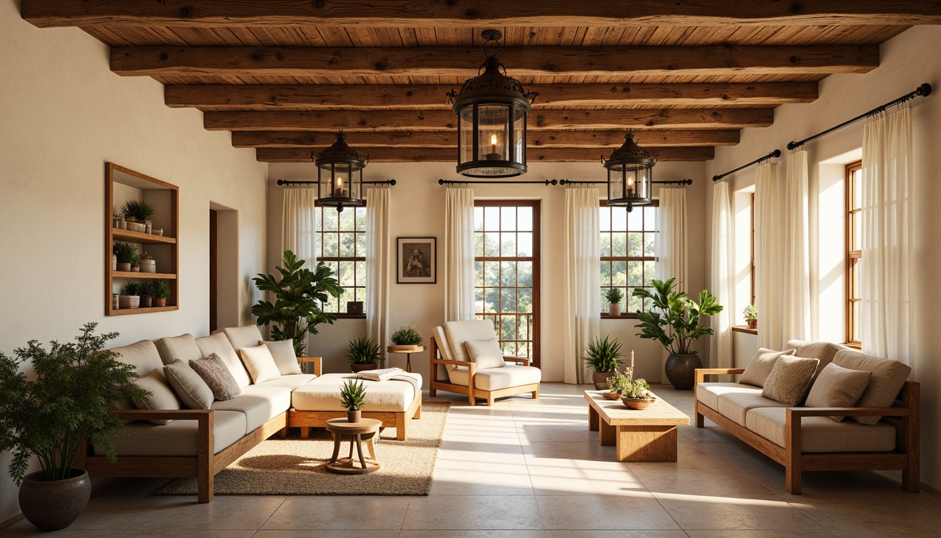 Prompt: Rustic wooden beams, soft warm glow, distressed metal lanterns, vintage candle chandeliers, ornate ironwork, creamy white walls, warm beige flooring, traditional country furnishings, natural linen fabrics, lace curtains, potted greenery, charming farmhouse ambiance, warm sunny day, soft diffused lighting, 1/2 composition, cozy intimate atmosphere.