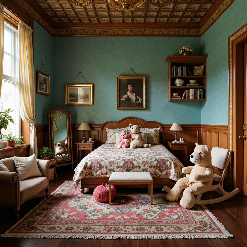 Prompt: Whimsical children's bedroom, rich wood paneling, ornate furnishings, plush velvet fabrics, vibrant turquoise walls, creamy white trimmings, soft golden lighting, intricate floral patterns, playful polka dots, colorful rug, oversized stuffed animals, antique toys, wooden rocking horse, vintage bookshelves, distressed finish, warm cozy atmosphere, shallow depth of field, 1/2 composition, soft focus effect.