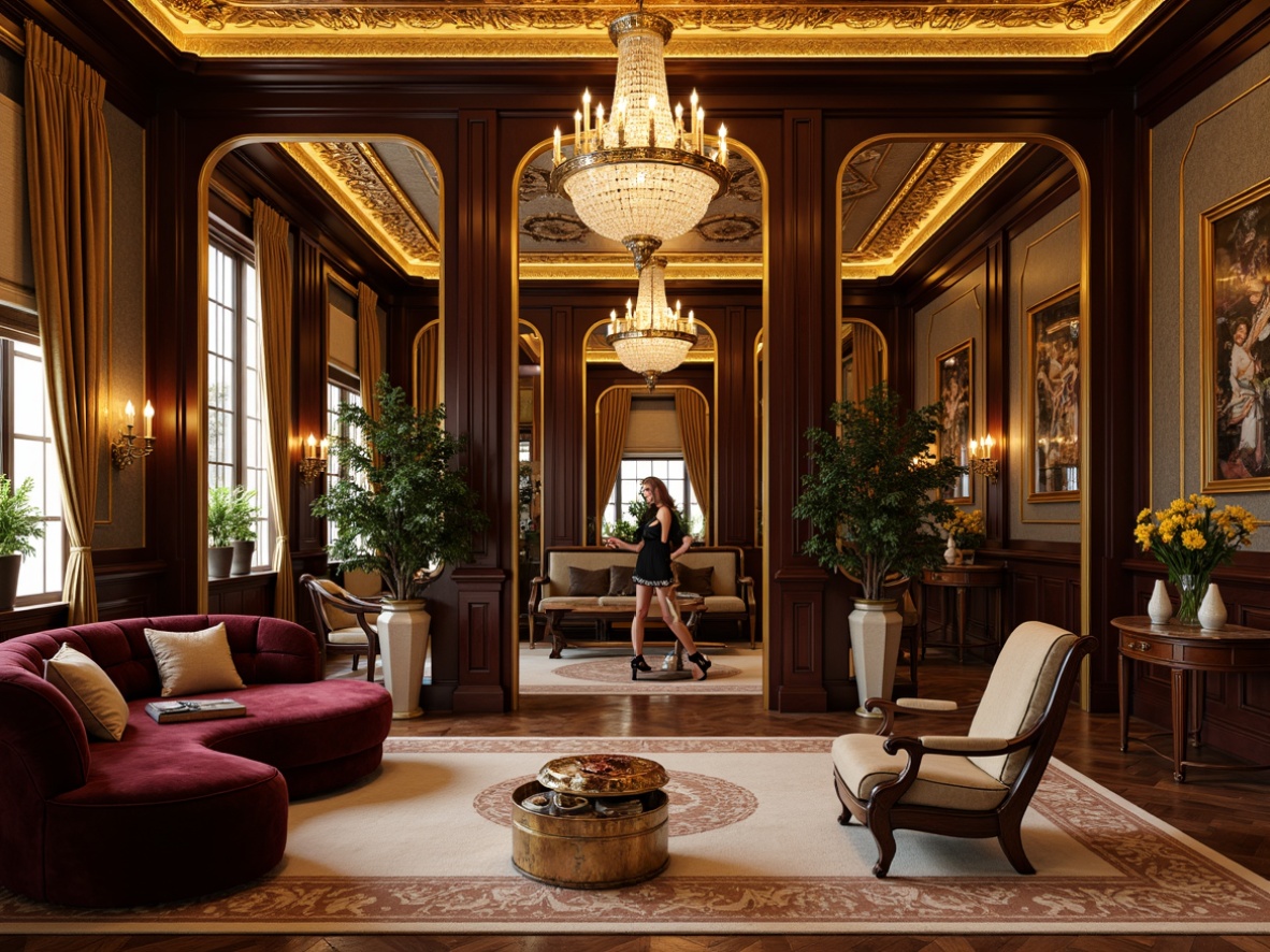 Prompt: Elegant home gym, ornate Rococo style, gold accents, rich wood tones, velvet upholstery, intricate carvings, gilded mirrors, crystal chandeliers, luxurious fabrics, statement accent walls, bold geometric patterns, metallic sheen, soft warm lighting, 1/2 composition, shallow depth of field, realistic textures, ambient occlusion.