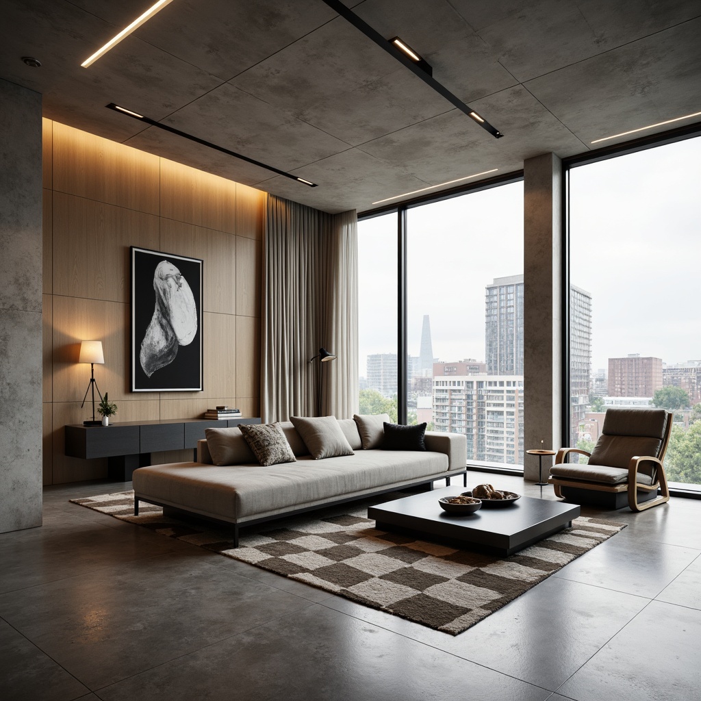 Prompt: Minimalist living room, sleek low-profile sofa, polished concrete floor, industrial chic decor, recessed ceiling lighting, LED strip lights, pendant lamps, floor-to-ceiling windows, sheer curtains, urban cityscape views, warm neutral color palette, matte black metal fixtures, minimalist coffee table, abstract artwork, geometric patterned rug, 1/1 composition, softbox lighting, shallow depth of field, realistic textures.